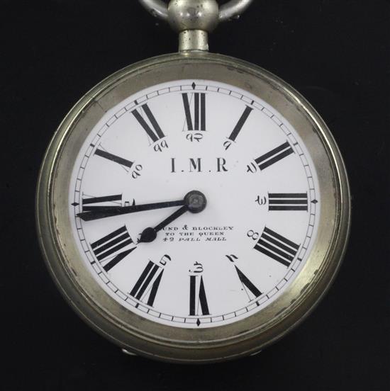 A late 19th century nickel cased Indian Midland Railway keywind pocket watch by Lund & Blockley, Pall Mall,